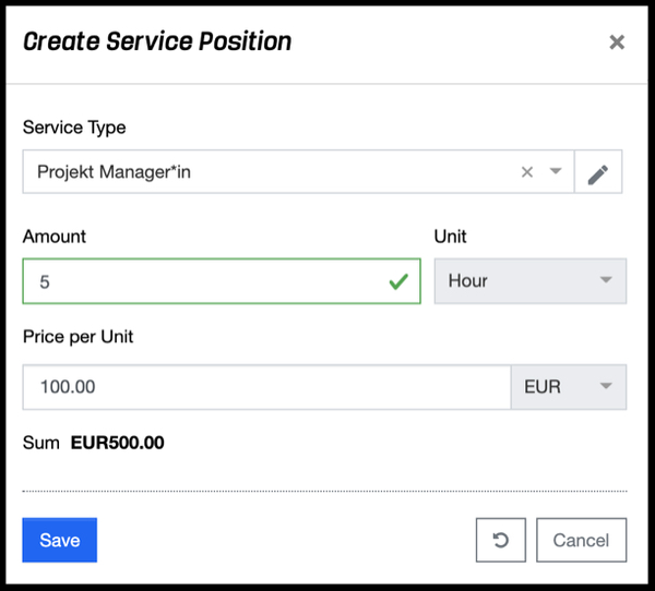 Offers - Service Position according Time and Materials