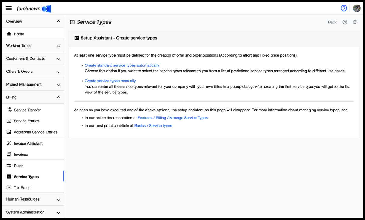 Setup Assistant - Service Types