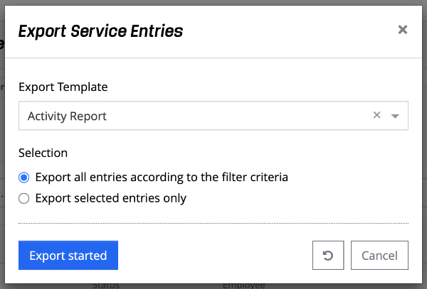 Exported service entries to Excel