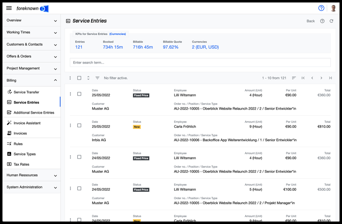 Service Entries with KPIs