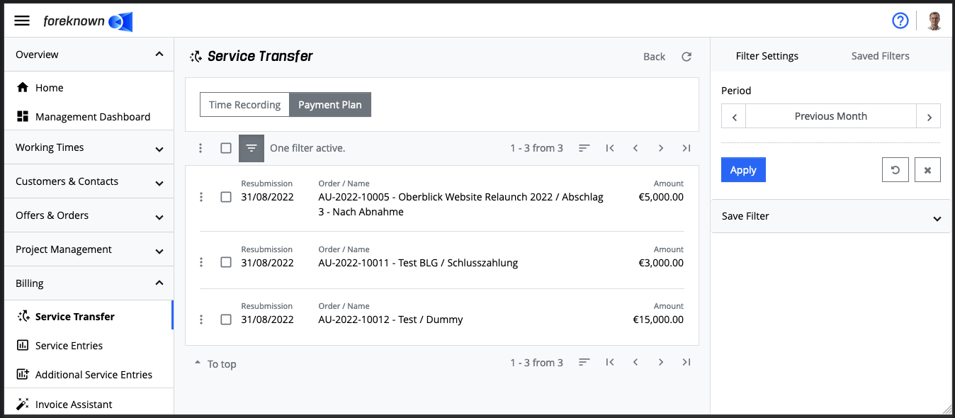 Service Transfer - Payment Plan