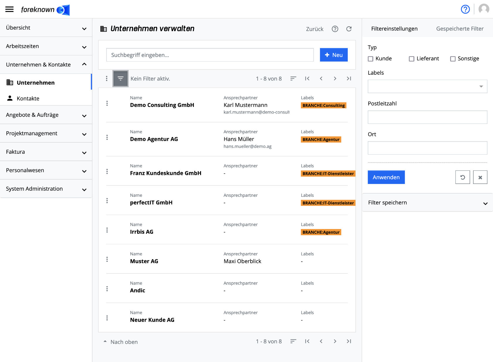 Unternehmen verwalten - Liste und Suche