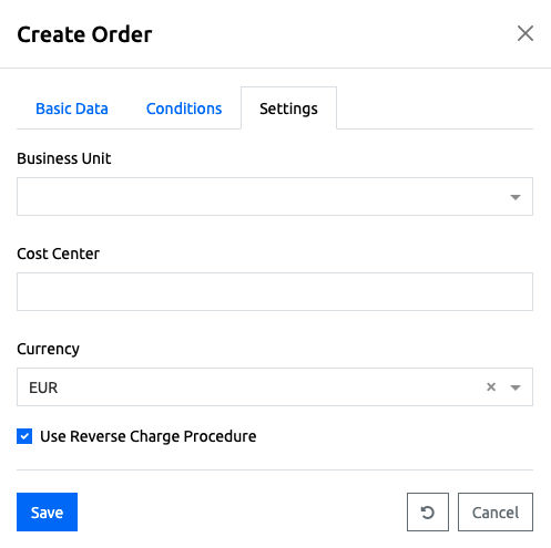 Orders - Create Order - Settings