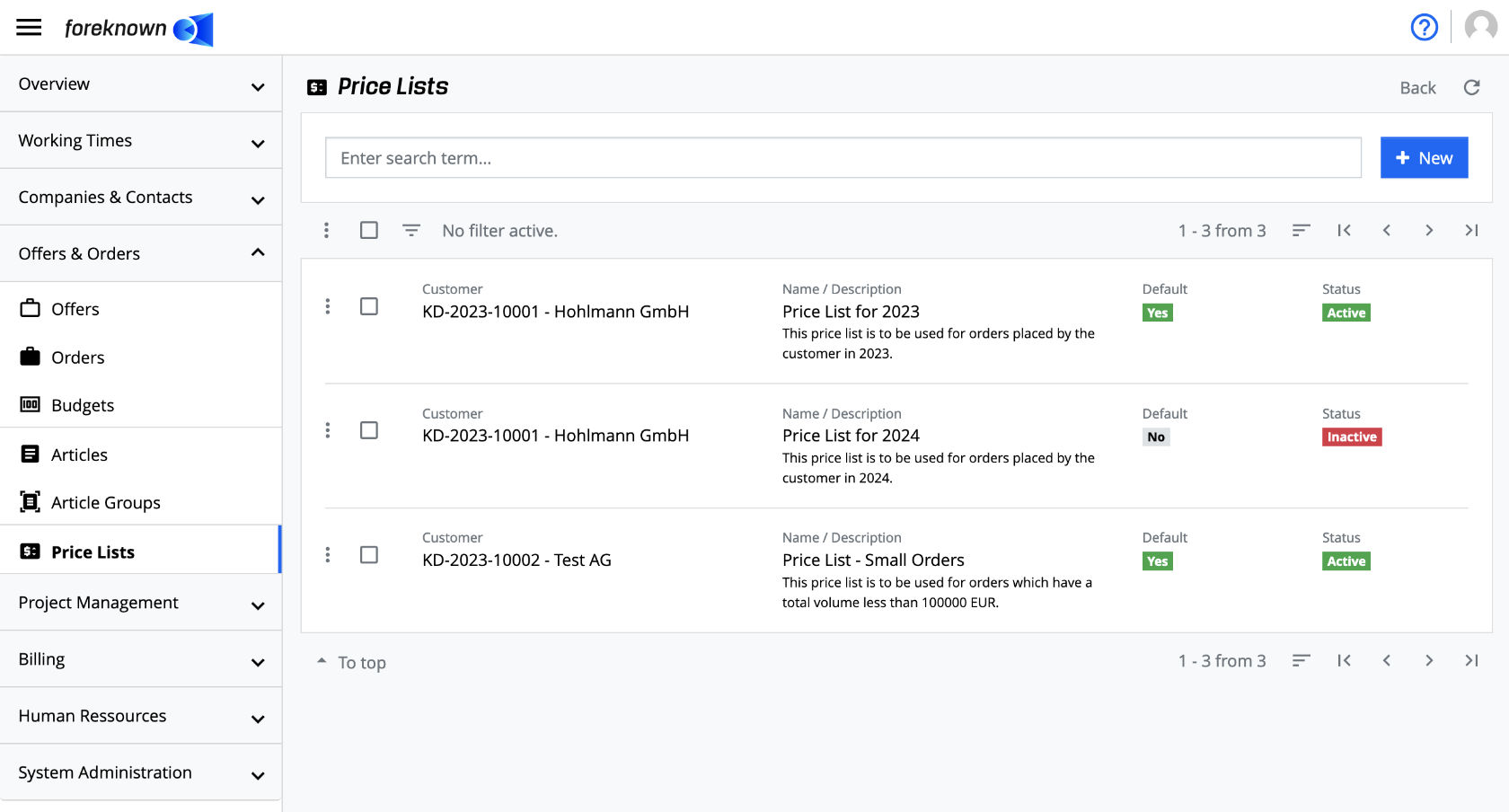 Price Lists - List View