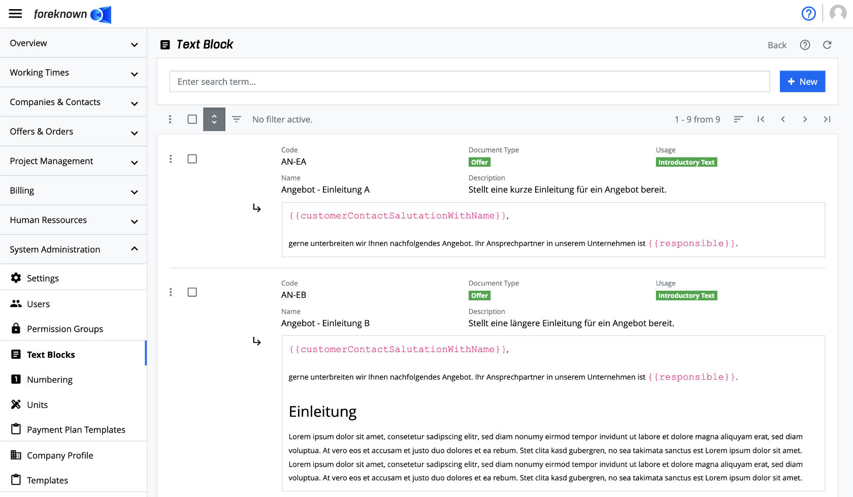 List of Text Blocks